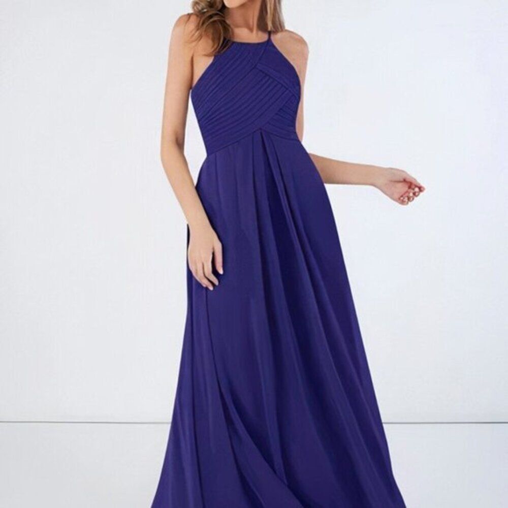 Azazie Chiffon Maxi Dress‎ Eggplant Blue Size 6 Elegant Halter Gown Party Prom
